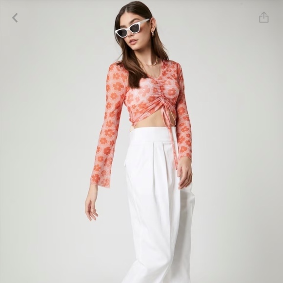 Florence by Mills exclusive ABOUT YOU ‘Foggy’ Flare Sleeve Y2K Top in Orange - Picture 1 of 14